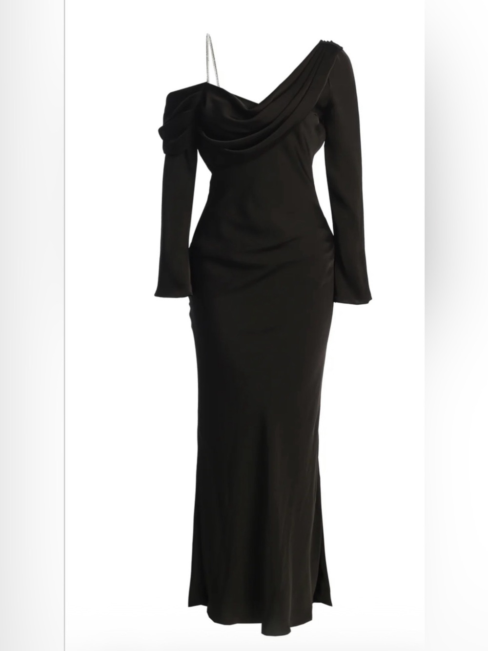 JLUXLABEL One-Shoulder Black Long Sleeve Draped Gown